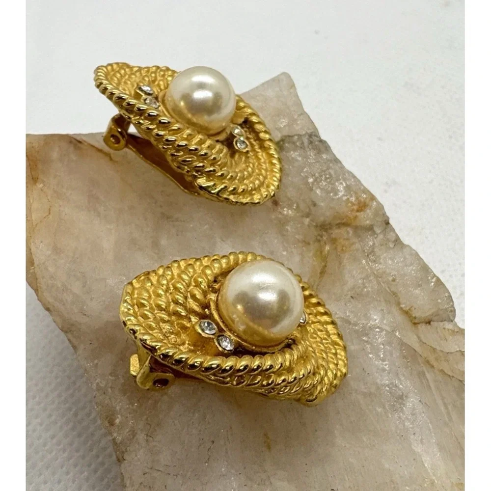Vintage Gold Tone Clip-On Earrings Faux Pearl & Rhinestone Accents Textured Rope